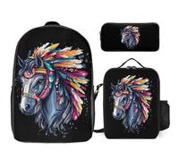 Horse Riding Native US Indian 3 Pieces Set Laptop Backpack Casual Daypack with Lunch Box Pencil Case for Travel