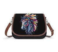 Horse Riding Native US Indian Crossbody Bags PU Leather Shoulder Bag Handbag Messenger Bag with Shoulder Strap