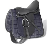 vidaXL Horse Riding Saddle Set 17.5" Real Leather Black with Stirrups, Stirrup Belts, Girth, Polyester Blanket - Equestrian Gear