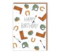 Horse Riding Theme Birthday Card - Cute Illustrations of Equestrian Essentials 'Happy Birthday' - Cute Birthday For Her For Him
