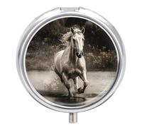 Horse Running by The Water Pill Box,3 Compartments Round Small Pills Case Moisture-Proof Portable Pill Container for Travel Vitamins Fish Oil Supplements