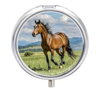 Horse Running in Field Pill Box 3 Compartment Round Metal Pill Organizer Portable Mini Travel Medicine Case with Mirror Cute Medicine Container Holder for Pocket Purse
