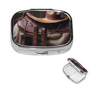 Horse Saddle with a Cowboy Hat Wild Pill Box 2 Compartment Square Portable Pill Case for Pocket or Purse Pill Holder Weekly Pill Organizer Decorative Metal Medicine Vitamin Organizer Travel Gift