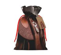 Horse Saddle with a Cowboy Hat Wild Printed Christmas Drawstring Bags Reusable Xmas Bag for Party Xmas Gift Wrapping, Red Ribbon, S