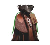 Horse Saddle with a Cowboy Hat Wild Printed Christmas Drawstring Bags Reusable Xmas Bag for Party Xmas Gift Wrapping, Green Ribbon, S