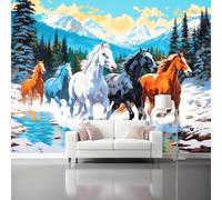 Horse Scenery Photo Wallpaper Nursery 300 X 210 Cm Blue Snow Mountain - Non-Woven Premium Art Print Fleece Wall Mural Decoration Restaurant Hall Living Room Hallway