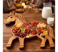 Horse Shaped Charcuterie Board, Wooden Serving Tray with Compartments for Snacks & Cheese, Large Wood Animal Platter for Country Home Decor, Horse Riding Gift