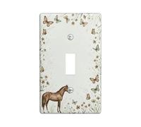 Horse Single Light Switch Cover Plate, Nature Rustic Butterfly Flower Spring Green Plastic Standard Size Switch Plate Decorative for Living Room Bedroom Home Office Decor (Single)