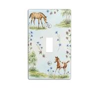 Horse Single Light Switch Cover Plate, Nature Rustic Flowers Grass Spring Green Plastic Standard Size Decorative Wall Plates for Home Living Room Bedroom Bathroom Decor (Single)