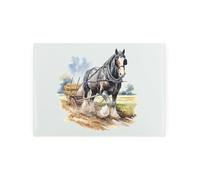 Horse Small Glass Worktop Saver - Shire Horse Cart Pulling Field Scene - Smooth Kitchen Chopping/Cutting Board Worktop Protector with Non-Slip Feet 28.5cm x 20cm (11" x 8")
