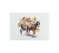 Horse Small Glass Worktop Saver - Shire Horse Cart Pulling Village Scene - Smooth Kitchen Chopping/Cutting Board Worktop Protector with Non-Slip Feet 28.5cm x 20cm (11" x 8")