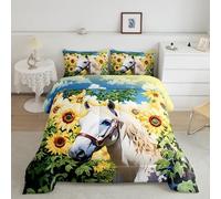 Horse Sunflowers Comforter Set King Size 3 Pcs,Watercolor Yellow Green Plants Bedding Set for Kids Teens Adults,Wild Animal Country Rustic Style Down Comforter with 2 Pillowcases