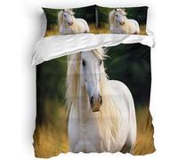 Horse Super King Size Duvet Cover Sets White Animal Bedding Soft Microfiber Duvet Cover Super King 260x220 cm 3D Quilt Cover with Zipper Closure and 2 Pillowcases b.9227