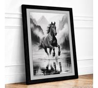 Horse Through Water Rustic Framed Wall Art Print A2 Black