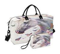Horse Travel Duffle Bag Gym Bag, White Horse Butterfly Weekender Bags for Women with Toiletry Bag Travel Tote Bag Swim Bag