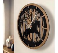 Horse Wall Clock, Wooden Large Wall Clock, Battery Operated Modern Wood Wall Clock, Large Farmhouse Decor, Oak Veneer Wood Panel Wooden Wall Clock, Living Room Decor Wall Clock. (Horse in the Forest)