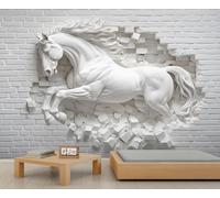 Horse Wall Mural, White Brick Mural, Abstract Art Wallpaper for Living Room Bedroom, 3D Relief Wall Wallpaper - 350x254cm (Not Peel n' Stick)