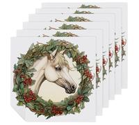 Horse Wearing A Christmas Wreath Cloth Napkins Set of 6, Square Premium Reusable Washable Polyester Table Linen Napkin for Dinner Party
