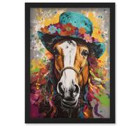 Horse Wearing a Flower Summer Hat Multicoloured Artwork Framed Wall Art Print A4 Artery8 Black One Size