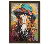 Horse Wearing a Flower Summer Hat Multicoloured Artwork Framed Wall Art Print A4 Artery8 Brown One Size
