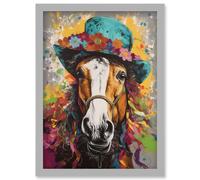 Horse Wearing a Flower Summer Hat Multicoloured Artwork Framed Wall Art Print A4 Artery8 Light Grey One Size