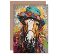 Horse Wearing a Flower Summer Hat Multicoloured Funny Animals Birthday Sealed Greeting Card Plus Envelope Blank inside