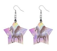 Horse with Wings Rainbow Wooden Earrings Artistic Wood Pendants Vintage Earring Hooks Jewelry for Women Star