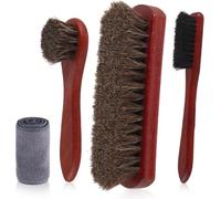 Horsehair Shoe Brush Kit - 4 Pcs Premium Cleaning Set With Microfiber Cloth for Leather Boots and Shoes Care - Polish Dauber Applicator With Edge Brush