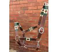 HorseLeather Polo Headcollar, Handmade Embroidered Pattern, Brown with Adjustable Straps, Green/Beige (Full)