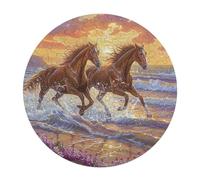 Horses Along Coast 128 Piece Circular Jigsaw Puzzle Animal Shape All Ages Educational Stress Relief Puzzle Home Decor Creative Challeng Challenging 120 PCS