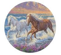 Horses Along Coast 68 Piece Round Puzzle Animal Shape Premium Home Decor Puzzle Family Activity Stress Relief Creative Challeng Educational Challenging 68 PCS