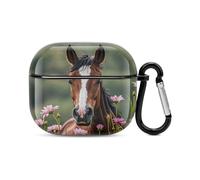 Horses and Flowers Bluetooth Earbuds Case Cover Full Body Shockproof Protection Hard Case Support Wireless Charging with Keychain Personalized Gift for AirPods 3