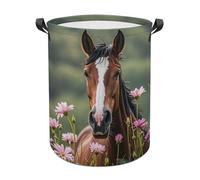 Horses And Flowers Laundry Basket with Handles, Laundry Hamper with Internal Support, Foldable Waterproof Clothes Hamper 44x35cm for Bedroom, Bathroom, Laundry Room, Living Room