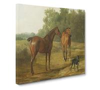 Horses And Hound by Jacques Laurent Agasse Classic Painting Canvas Wall Art Print Ready to Hang, Framed Picture for Living Room Bedroom Home Office Décor, 14x14 Inch (35x35 cm)