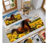 Horses And Sunflower Fields Kitchen Rug Set of 2 Non Slip Kitchen Runner Mats Washable Comfort Standing Mats Rural Pastoral Style Floor Carpet for Sink, Laundry, Office, 40x60cm+40x120cm Yellow