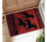 Horses Area Rug, Western Rustic Mountains Geometric Fall Red Non-Slip Backing Edge Binding Doormat Throw Rug Rectangle Laundry Room Bathroom Doorway Entryway Decor 2' X 3'