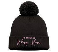 Horses Bobble Hat for Girls Embroidered Id Rather Be Riding Horses Design Winter Lessons Stable Equestrian, One Size, Black