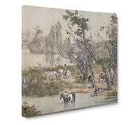 Horses by the Stream by Lang Shining Canvas Print | Gallery Wrapped 30mm Frame Wall Art | 20x20 inches | Ready to Hang | Asian Animals Picture | Living Room Bedroom Lounge Office