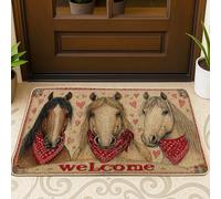 Horses Door Mat, Country Rustic Hearts Bandanas Welcome Red Washable Low Profile Doormats for Floor Home Decor for Entryway Outdoor Porch Balcony 29x17 Inch