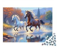 Horses Galloping River 1000 Piece Jigsaw Puzzles Two Horses Jumping Lake Adults Aged 12 And Above Educational Games Home Decoration Difficult Challenging Birthday Gifts 38x26cm/1000pcs