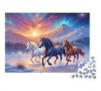 Horses Galloping Snow 1000 Piece Puzzle for Men Women Adults Three Horses Run Under Aurora Sunset Sky Premium Sturdy Vibrant Challenging Hard Stress Relief 70x50cm/1000pcs