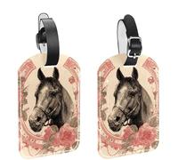 Horse's Head Surrounded by Blooming Roses and Horseshoe Luggage Tags for Suitcase, 2 Pack Leather Baggage Identifier with Privacy Flap and Name ID Label for Women Men Travel