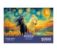 Horses in Starry Night 1000 Pieces Jigsaw Puzzle Set Equine Art Classic Jigsaw Puzzle Sturdy Cardboard Couple Puzzle Partners Ultra Difficult Home Activity 38x26cm/1000pcs