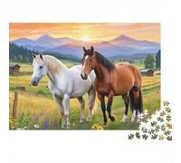 Horses in Sunset Field 1000 Pieces Puzzles Beautiful View Horses Meadow Sunrise Home Decoration Decompression Jigsaw for Men And Women Challenging Puzzles Jigsaw Puzzles for Adults 38x26cm/1000pcs