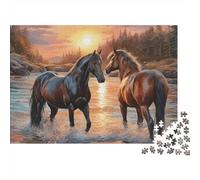 Horses in Sunset River 1000 Piece Jigsaw Puzzles Horses Running through River Adults Aged 12 And Above Educational Game Home Decoration Difficult Challenging Birthday Gifts 52x38cm/1000pcs
