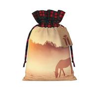 Horses On Pasture At Sundown Print Christmas Drawstring Linen Gift Bags Reusable Fabric Bags With Tags For Christmas Gifts