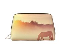 Horses On Pasture at Sundown Print Makeup Bag Portable Leather Waterproof Cosmetic Bag Clutch Makeup Brush Bag (6.7x4.3in)