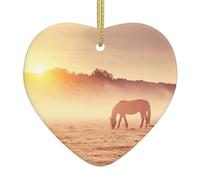 Horses On Pasture At Sundown Printed Ceramic Christmas Heart Pendant, Christmas Tree Decoration With Gold Thread Rope