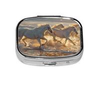 Horses On The Beach2_1 Square Mini Pill Case, Compact Metal Pocket Pill Box with 2 Compartments for Travel