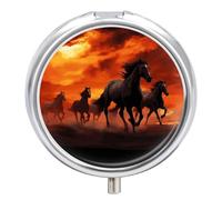 Horses Red Clouds Metal Pill Organizer, 3 Compartment Waterproof Pill Case with Mirror for Purse Pocket Bag, Daily Medicine Vitamin Holder, Portable Travel Med Container(Round)